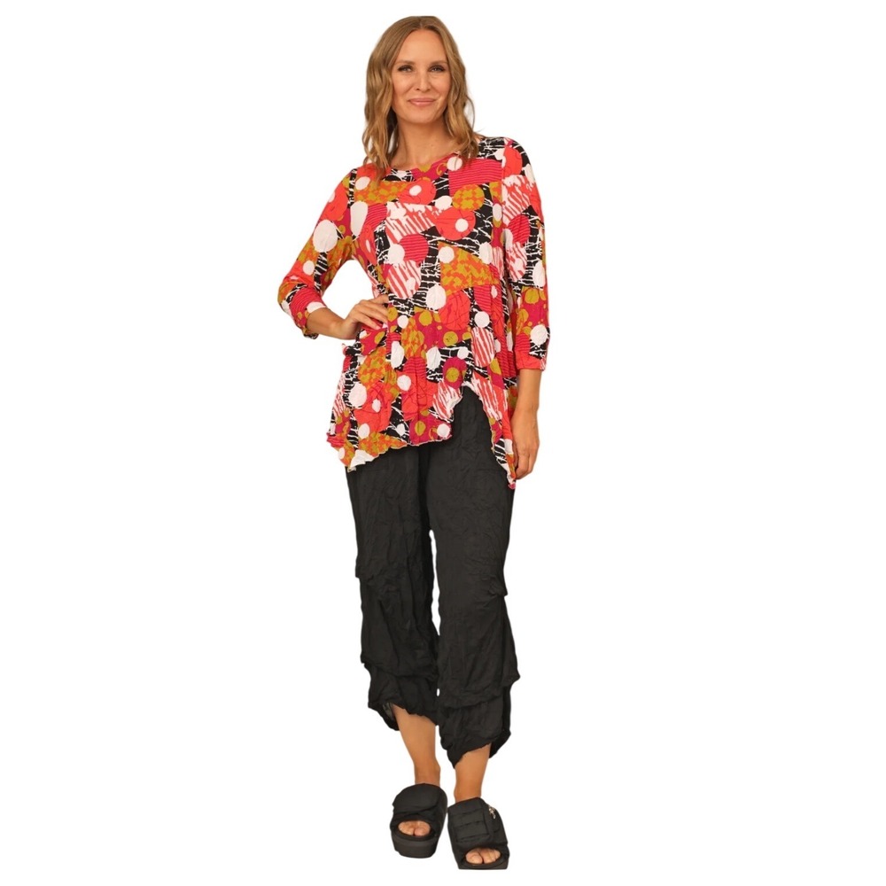 Chalet et Ceci Emily Boho Top Abstract Peony Lagenlook Red Pink Womens Small USA